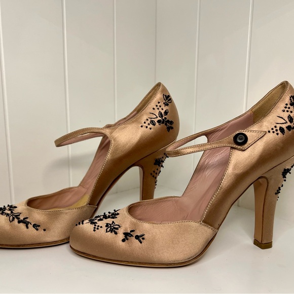Prada Pink Satin Black Embroidered Mary Jane Heels - Picture 3 of 5